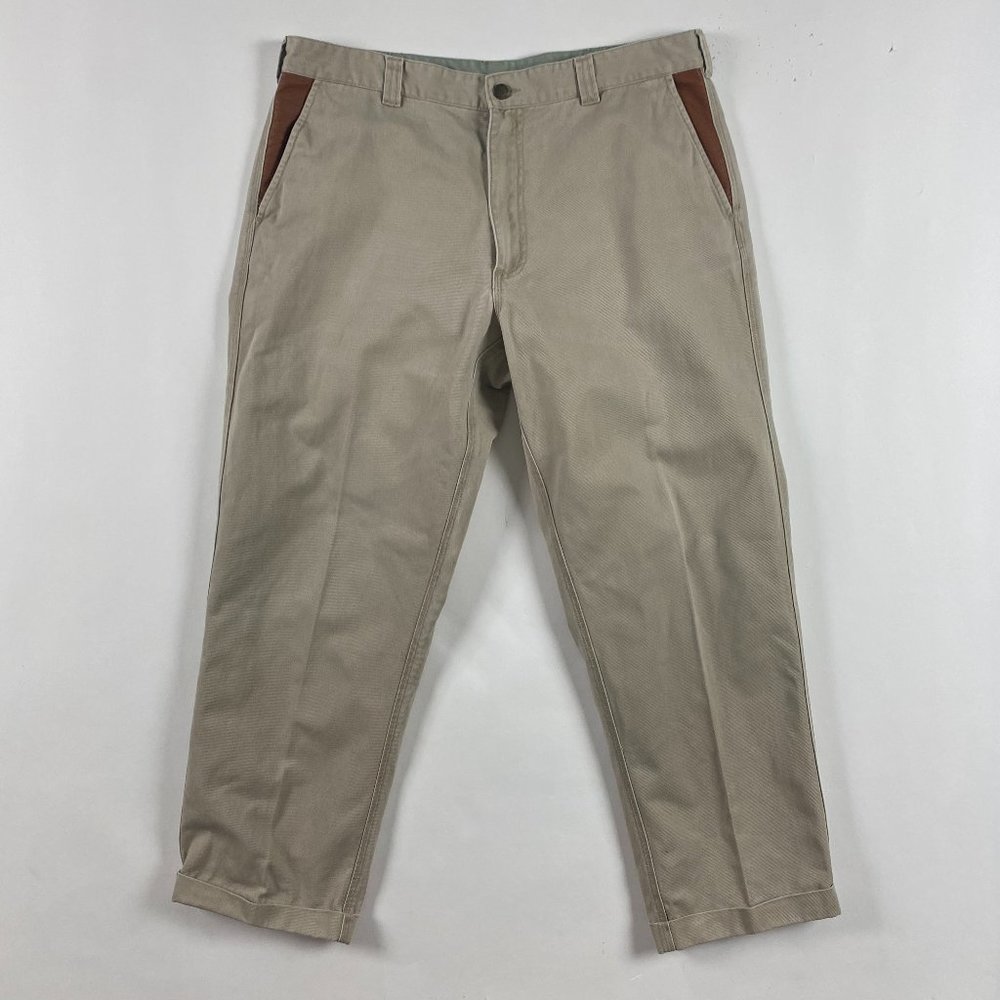 Orvis Zambezi Twill Pants Mens 38 x 29 Khaki Cotton with Leather Trim Cuffed
